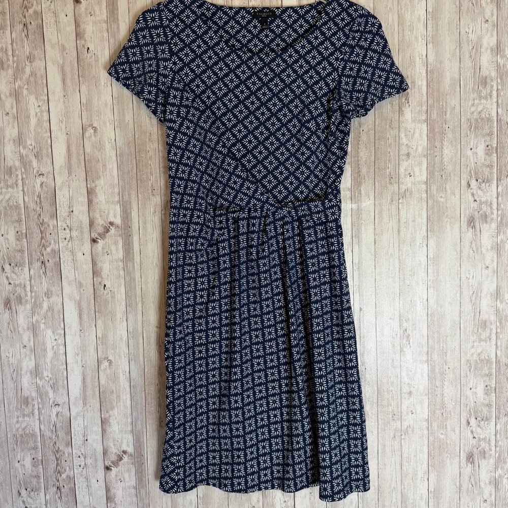 Talbots Navy Blue White Knit Jersey Draped Sheath Dress Size Petite Small - Picture 2 of 9